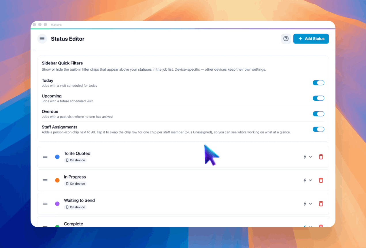 Create a status with a recognisable name and colour, then drag it into the correct workflow position.
