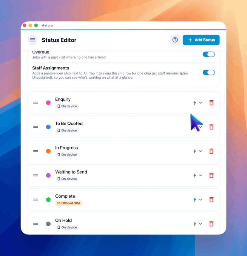 Assign team members to a status so matching jobs are automatically added to their workload.