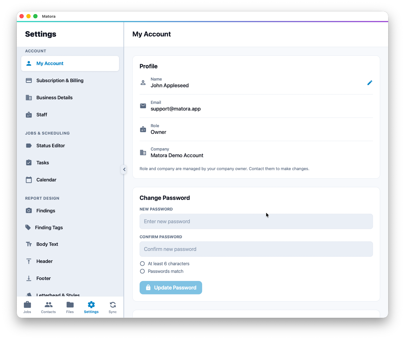 My Account shows the personal profile, company and role connected to your login.
