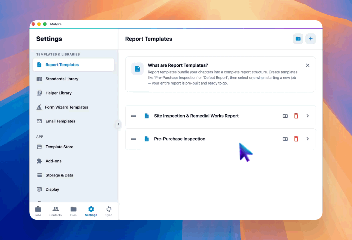 Create a report template, give it a practical name and open its chapter list.