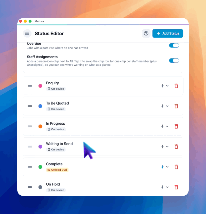 Expand the bolt controls to choose whether jobs in this status stay downloaded or are offloaded later.