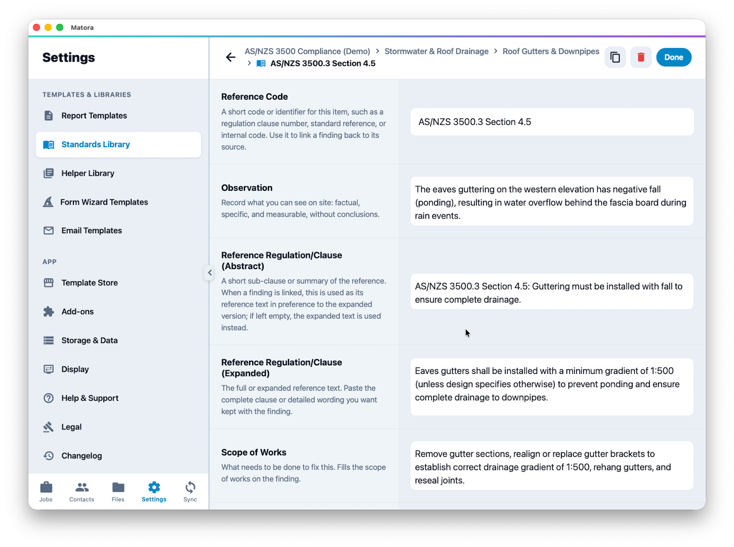 A single library entry keeps the reference, the wording, the recommended work and its supporting diagrams together.