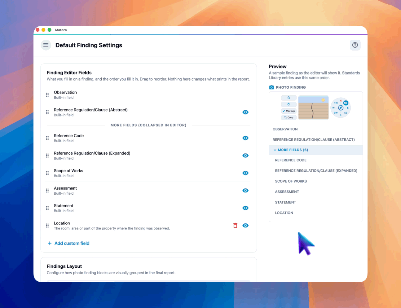 Switch between list and grid layouts and use the live page preview to compare one to six findings per page.