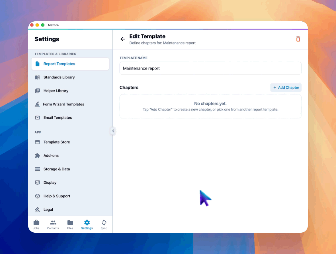 Add a chapter, choose its page options and position it within the report template.