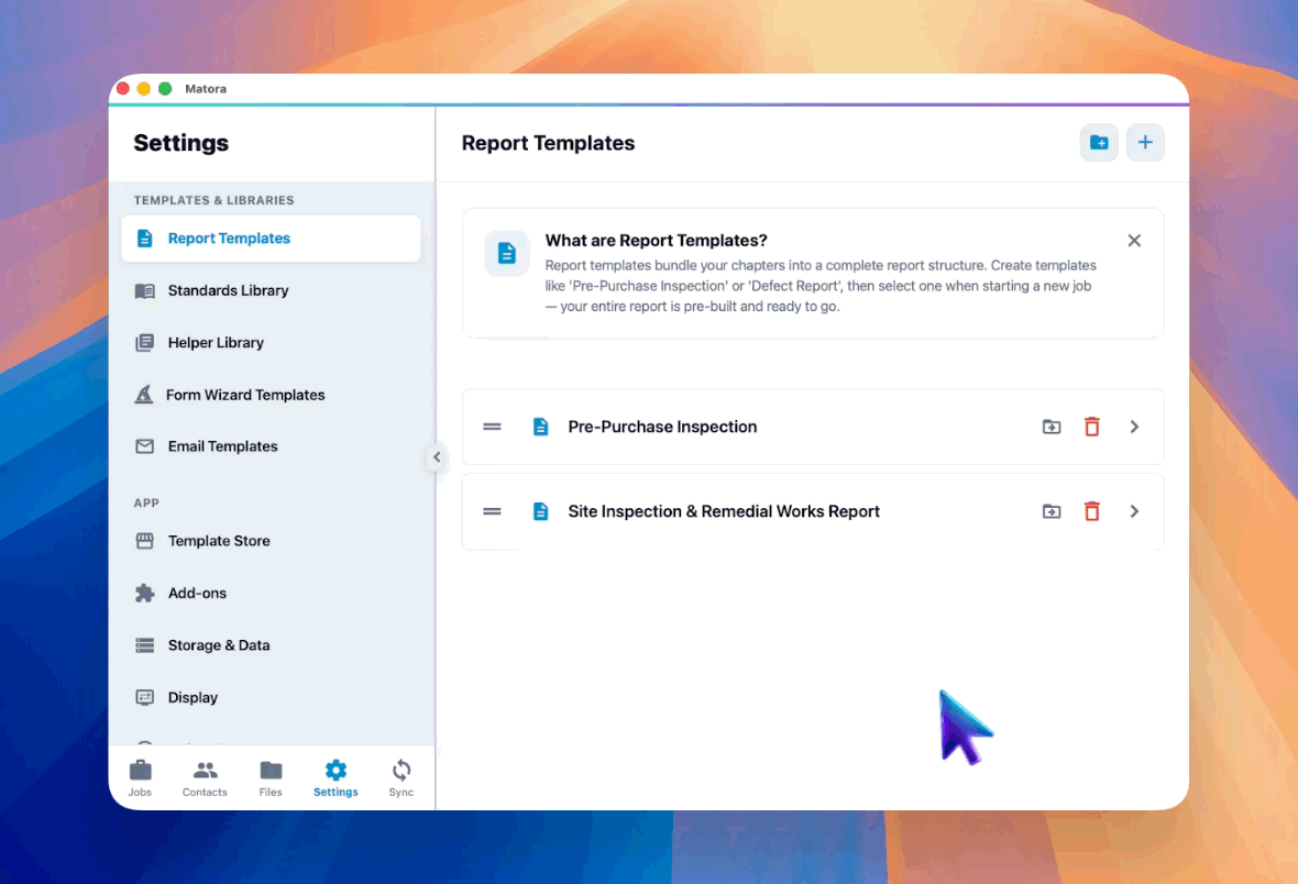 Organise reusable report templates by the type of inspection or document your company produces.