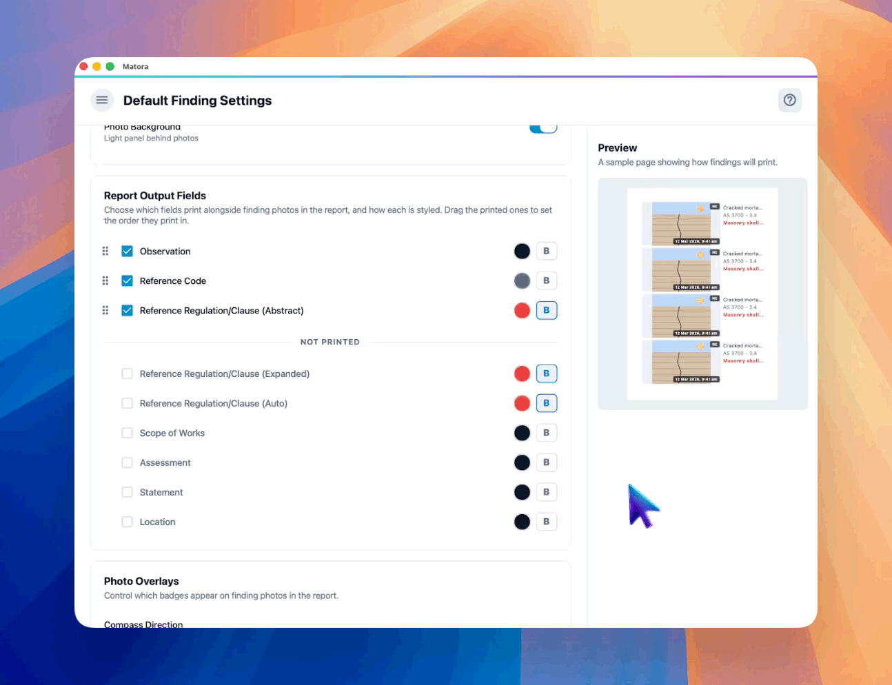 Use the preview to make sure compass, timestamp and tag badges remain useful without covering important evidence.