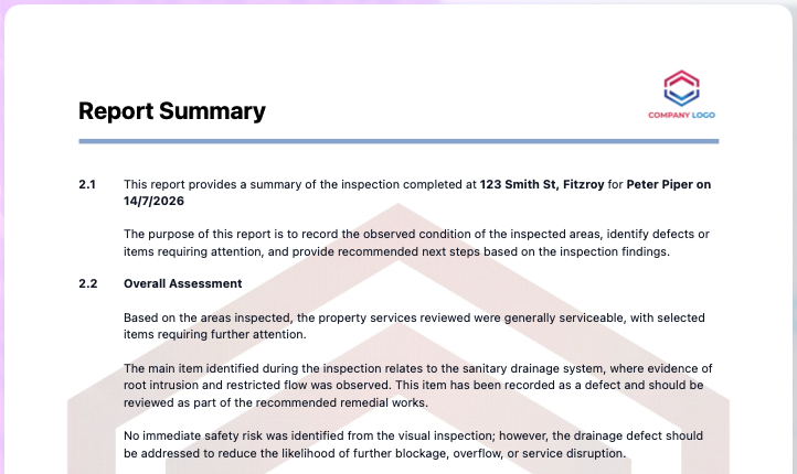 A report header displays the current chapter name above its content.