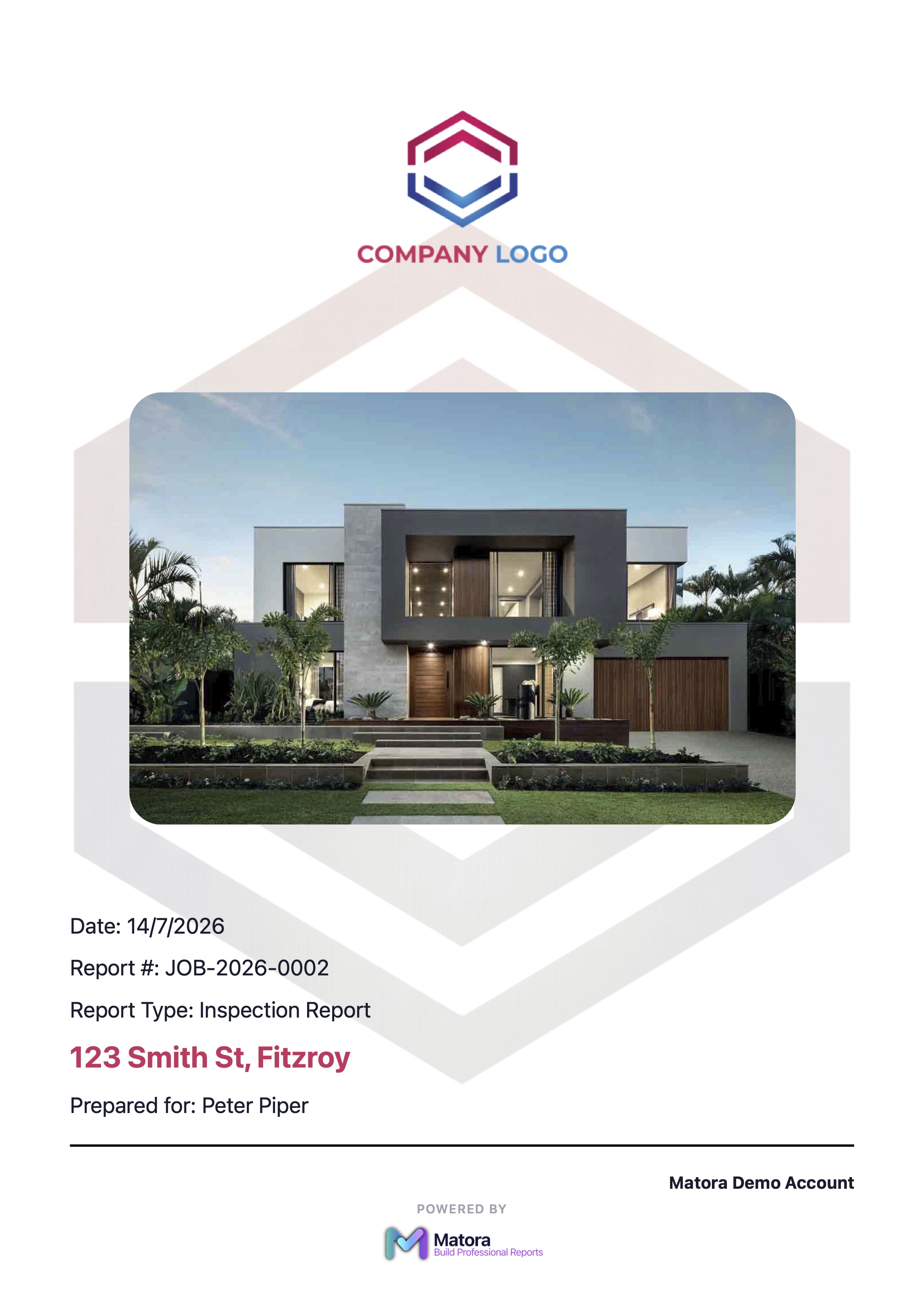 A branded title page introduces the report, the property and the company presenting it.